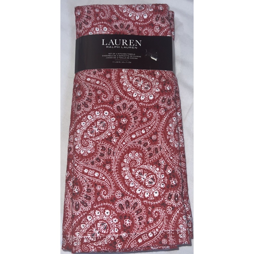 LAUREN RALPH LAUREN (3) KITCHEN TOWELS RED NAVY BLUE PAISLEY 17 X 28  COTTON NWT